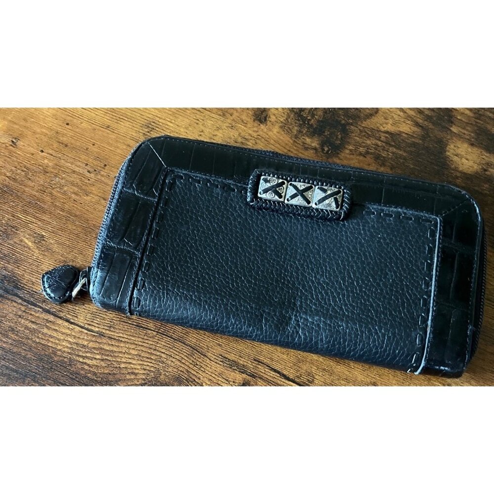 Brighton Black Faux? Leather Zip-Around Wallet With Heart Charm & Embossed